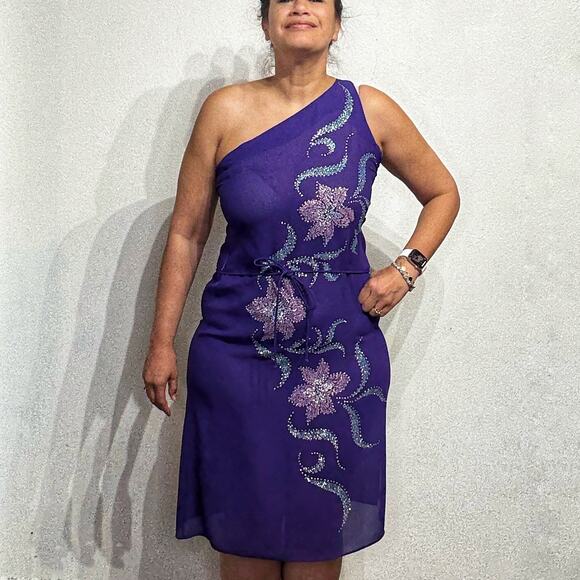 Shangri La Purple Embroidered One Shoulder Vintage Midi Dress Sz M - Picture 1 of 13